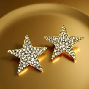 ⭐️ Vintage 80s Signed Tara Oversized Gold Star Rhinestone Clip-On Earrings ⭐️